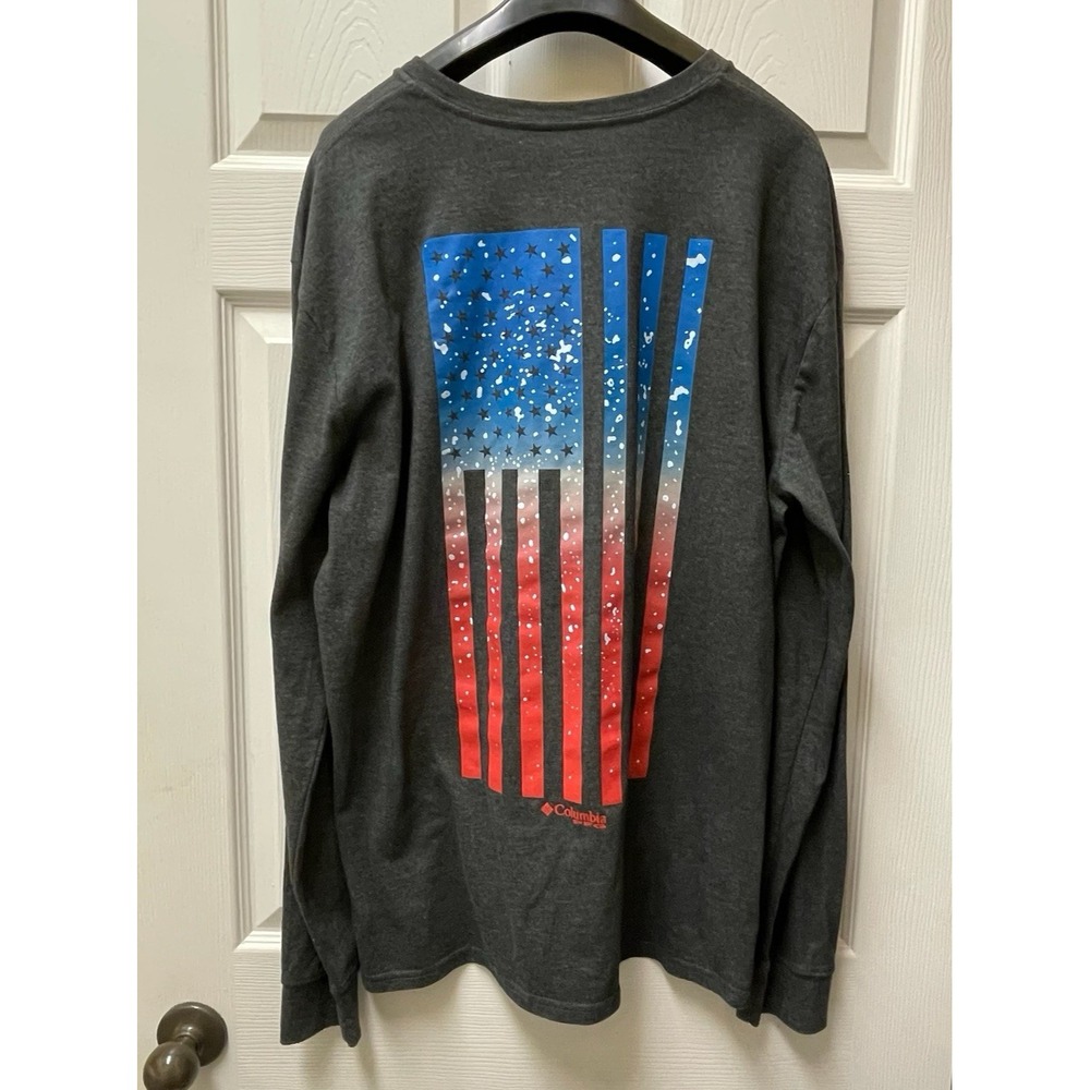 Columbia PFG Men's XL Gray Patriotic Graphic Crewneck Long‎ Sleeve T-Shirt